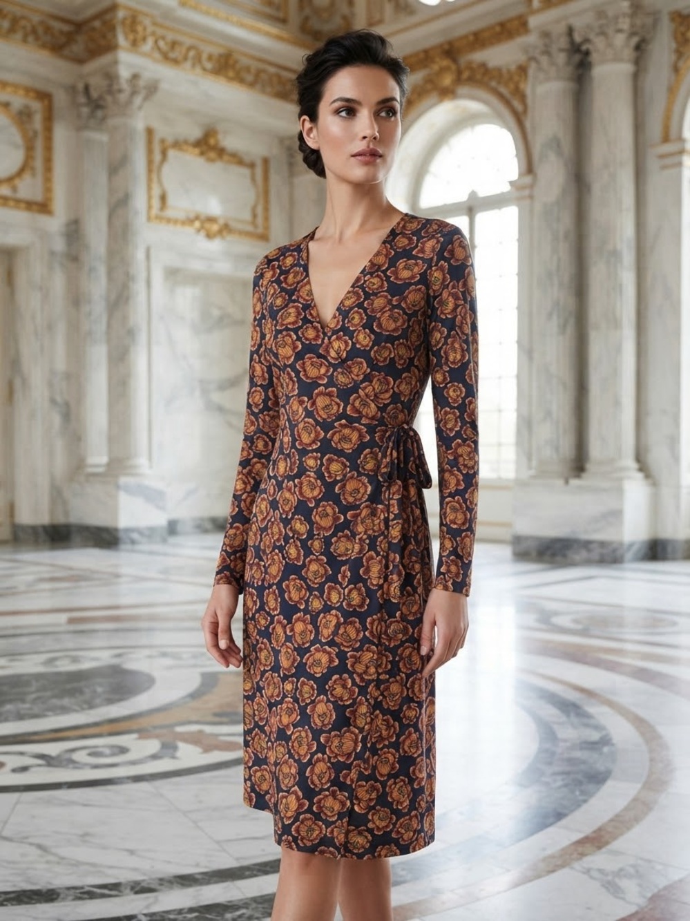 Ann Taylor Navy Floral Long-Sleeve Wrap Dress with Rust Roses
